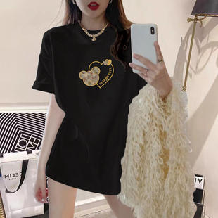 欧洲站磨毛短袖t恤女韩版大码中长款宽松上衣纯棉加厚打底衫ins潮