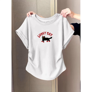 高级感白色纯棉T恤女夏天正肩褶皱收腰显瘦打底衫小个子短款上衣