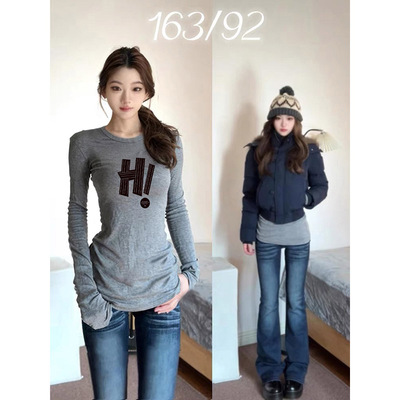 圆领中长款遮屁股正肩长袖女t恤