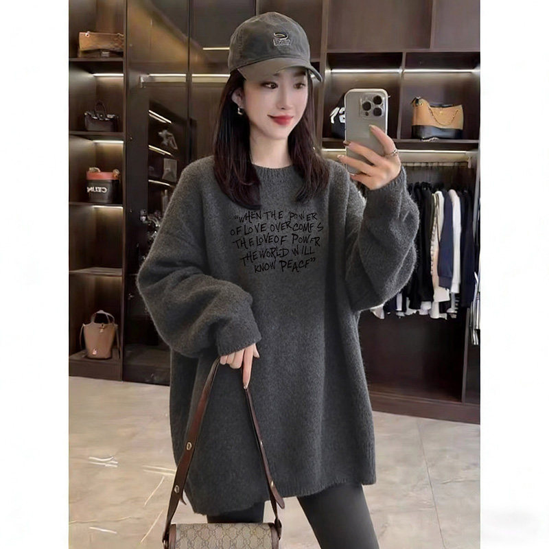 美式复古字母印花T恤女中长款遮屁股长袖打底衫秋冬卫衣内搭上衣