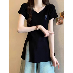 V领纯棉t恤衫女短袖宽松大版中长款遮屁股上衣夏天黑色显瘦体恤潮