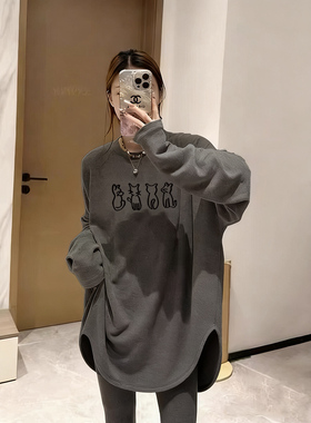 德绒打底衫女中长款宽松遮屁股长袖T恤春秋冬内搭配鲨鱼裤的上衣