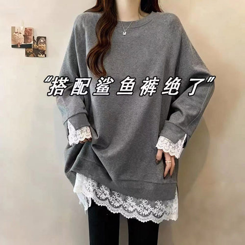 大码蕾丝拼接花边长袖T恤女