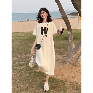 纯棉短袖t恤裙女2024夏季韩版宽松体恤裙中长过膝时尚显瘦长裙子