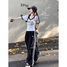 美式辣妹三条杠短袖T恤女V领正肩白色打底衫夏季修身显瘦短款上衣