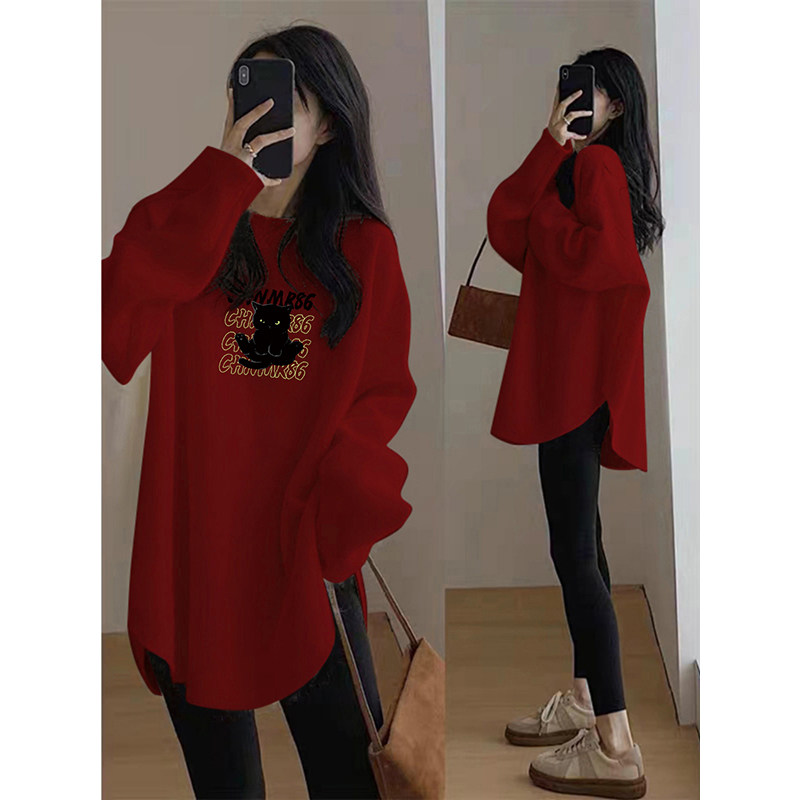 中长款红色打底衫女宽松遮屁股上衣春秋冬季卫衣内搭德绒长袖T恤,女装/女士精品,T恤,淘宝优惠券,粉丝福利购,淘宝优惠卷