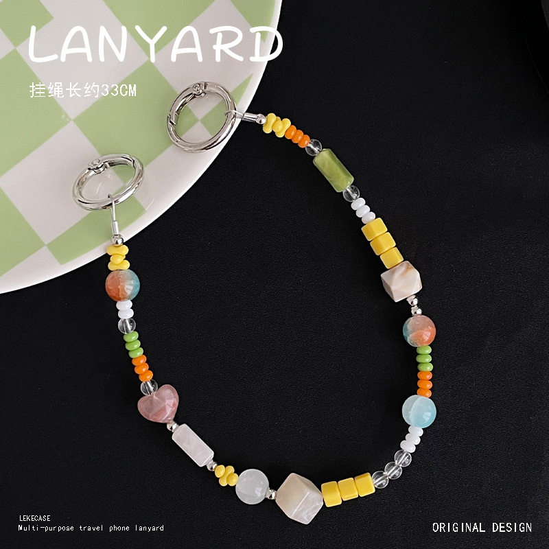 新款花朵爱心珍珠挎手机链配件手工串珠链条挂防丢挂链女手机挂绳