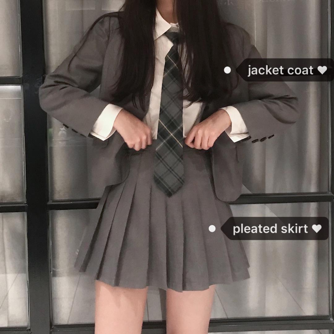 【三件套】韩国chic学生西装灰色外套+白衬衫+百褶半身裙领带套装