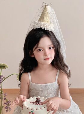 宝宝生日头饰超仙公主生日帽发夹儿童公主裙配饰立体女童头纱发饰