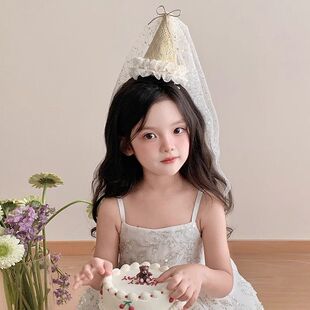 宝宝生日头饰超仙公主生日帽发夹儿童公主裙配饰立体女童头纱发饰