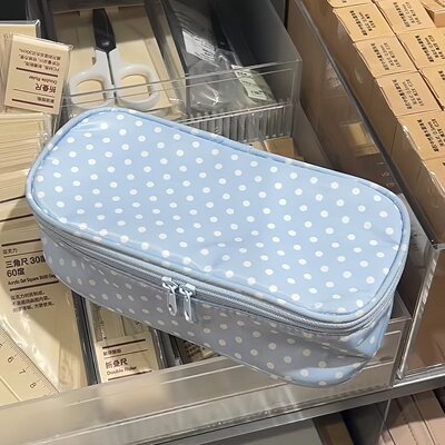 新款蓝色波点翻盖笔袋高颜值大容量学生文具收纳袋简约可携式铅笔
