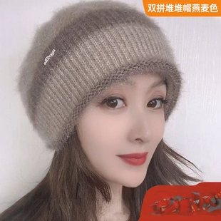 冬季双层加厚保暖舒适柔软针织帽子女帽时尚百搭撞色条纹贝雷女帽
