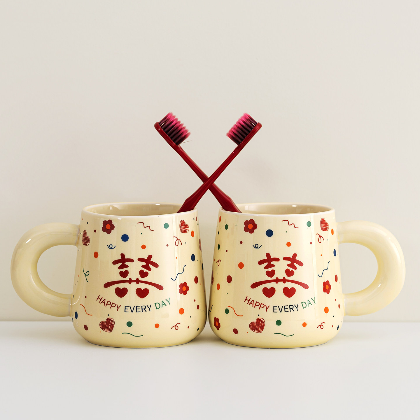 结婚一对刷牙杯子陶瓷漱口杯牙杯牙缸情侣新婚洗漱杯洗漱用品套装