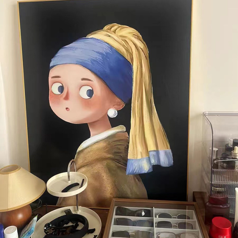 世界名画油画挂画儿童房间卡通版带珍珠耳环的少女装饰画卧室壁画