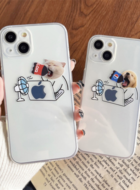 可乐创意情侣猫咪狗狗工作适用苹果14pro手机壳iPhone13卡通透明8plus/6s硅胶12mini软11女防摔壳15/16max男7