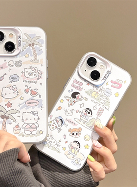 卡通凯蒂猫蜡笔小新适用iphone15手机壳彩银苹果14promax/13大孔硬壳情侣12/11/16防摔保护套女8plus/7高级感