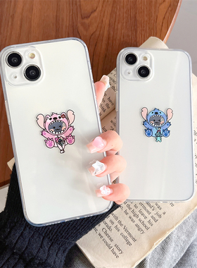 卡通可爱史迪仔安琪适用iphone15promax苹果14手机壳13mini/12情侣透明硅胶软11/16防摔保护套女创意7/8/6s男