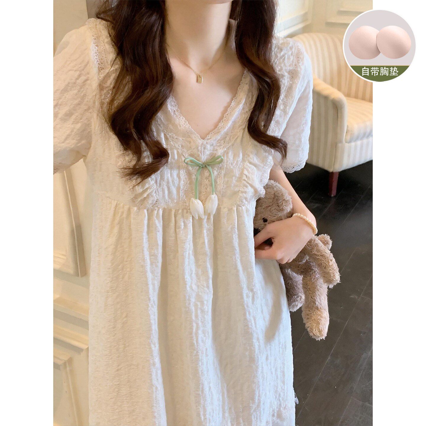 带胸垫睡裙女甜美公主风花边短袖夏季云朵棉加大加肥睡衣裙家居服