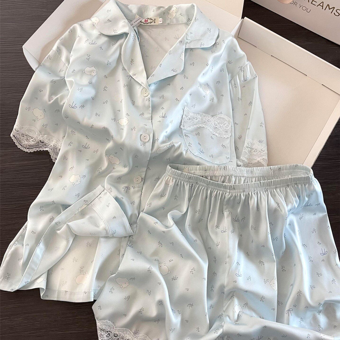 可爱碎花兔子睡衣女士夏季新款冰丝短袖蕾丝带胸垫家居服套装薄款