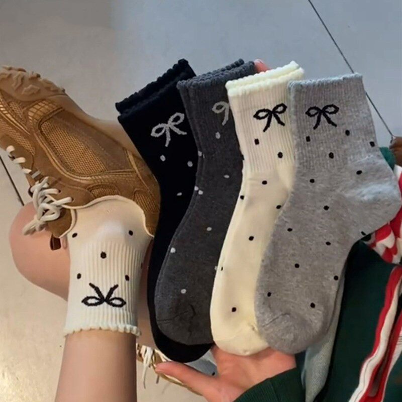 灰色波点袜子女春夏款纯色棉袜蝴蝶结可爱花边初中生夏季中短筒袜
