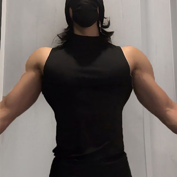 肌肉男健身训练服兄弟纯色透气打底运动无袖T恤高领弹力速干背心