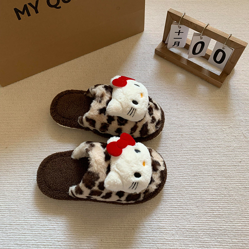 可爱小猫棉拖鞋女款2025新款豹纹毛绒室内加绒加厚冬季保暖软底