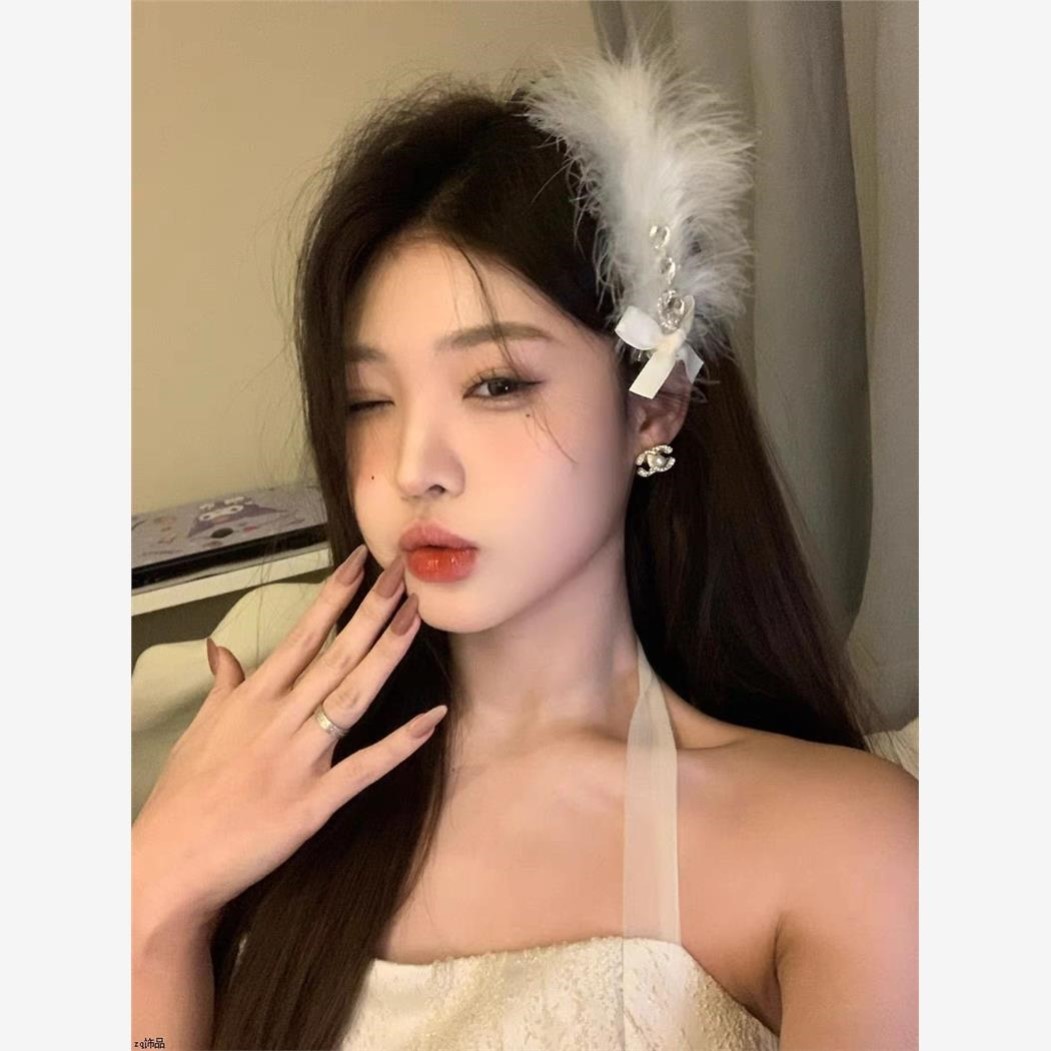蝴蝶结羽毛发夹侧边头饰白色发饰女生秋冬鸭嘴夹子气质高级感发卡