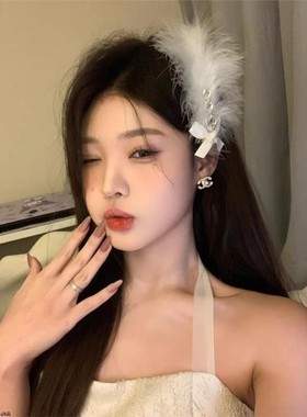 蝴蝶结羽毛发夹侧边头饰白色发饰女生秋冬鸭嘴夹子气质高级感发卡