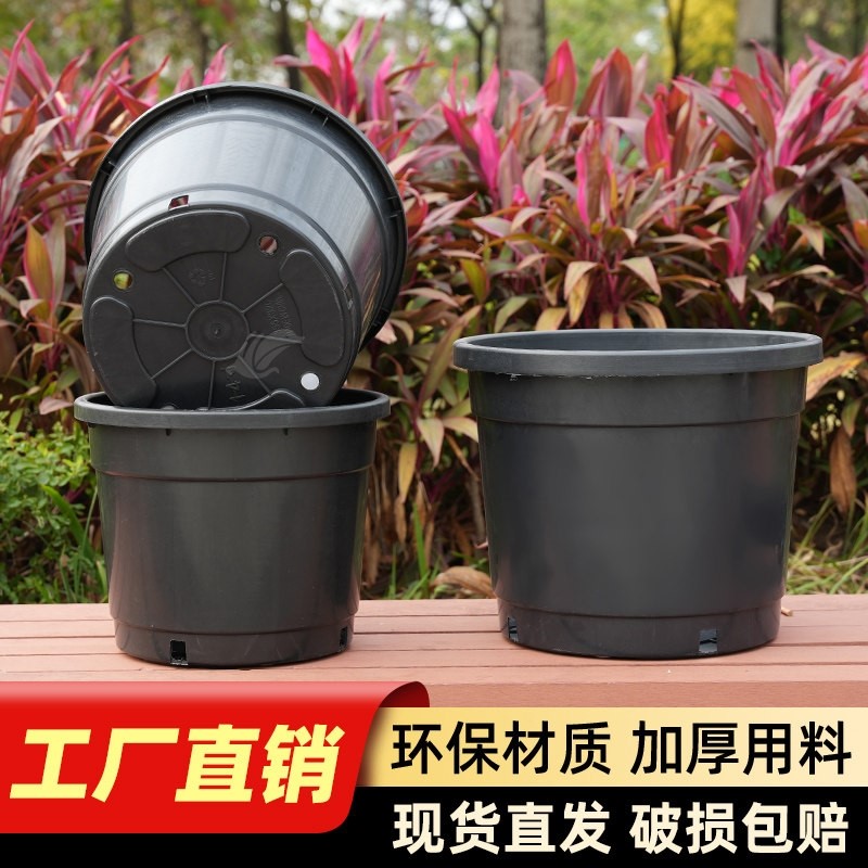 加厚黑色圆形直桶盆塑料花盆绣球月季育苗盆阳台种植盆黑色加仑盆