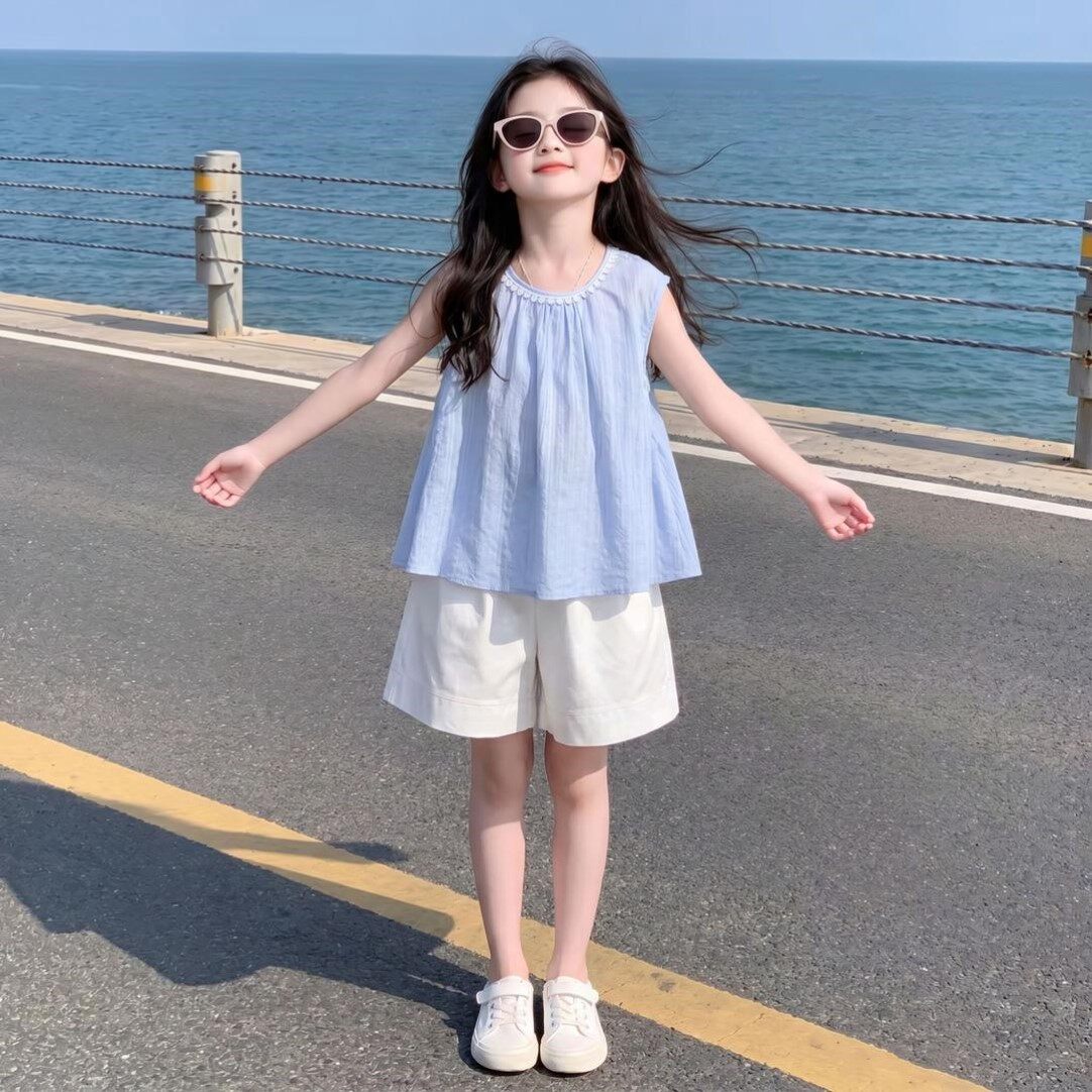 女童2026新款无袖背心夏季新款棉布上衣短裤中大儿童韩系套装薄款