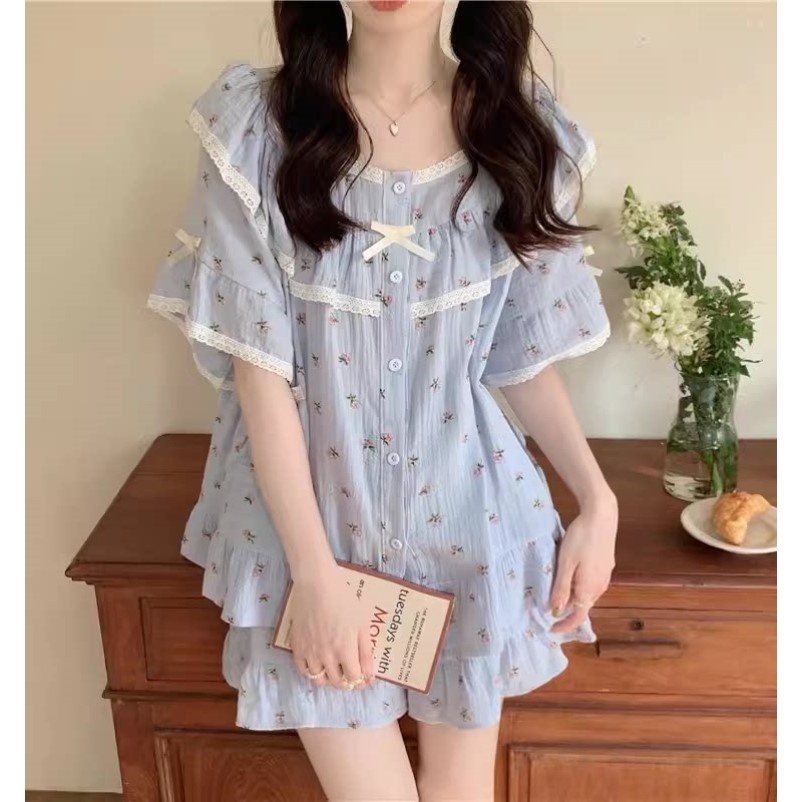 睡衣女夏季日系公主风碎花棉麻纱布短袖套装纯棉睡裙薄款家居服天