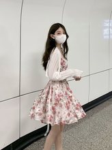 JMSHOP 纯欲天花板 碎花连衣裙女夏季新款雪纺收腰甜美裙子送发带