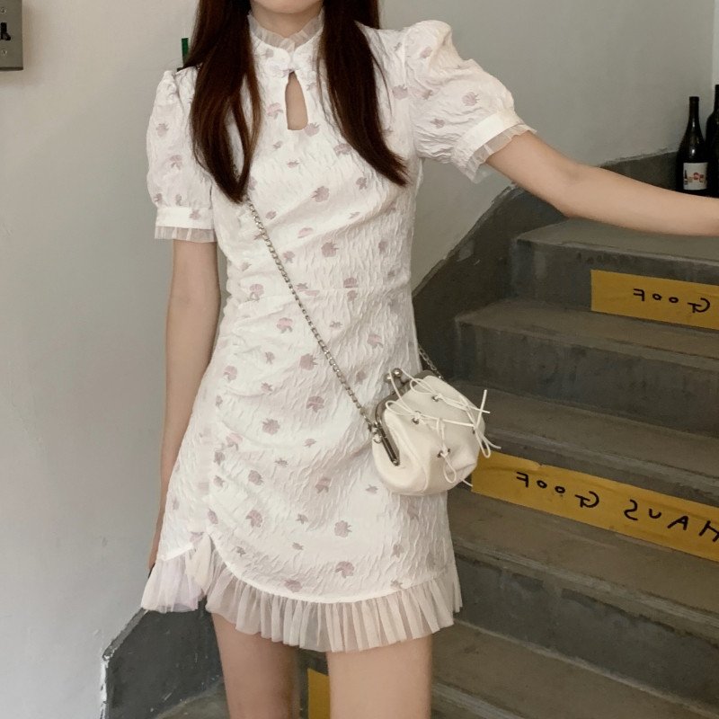 JMSHOP 山桃茉莉 提花立领连衣裙女2021夏季新款复古改良旗袍裙