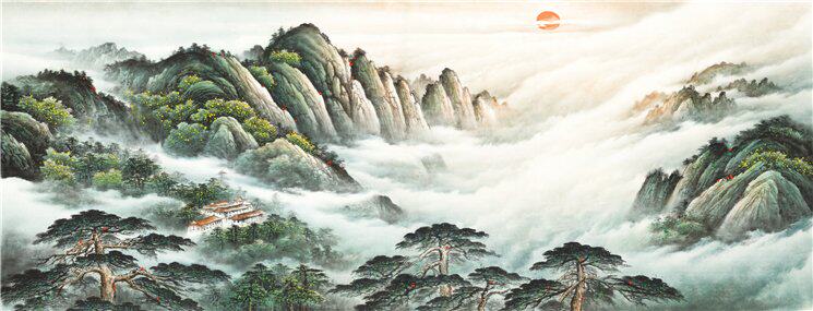 小六尺横幅国画精品山水【青山红日】未装裱画芯多尺寸销售t
