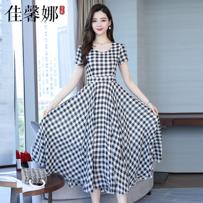 复古黑白格子连衣裙女夏2021年新款夏天雪纺大摆长裙显瘦显高气质