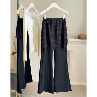 高腰休闲长裤 韩版 女2026春新款 微喇裤 时尚 假两件蕾丝屁帘弹力西装