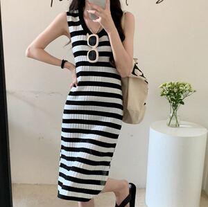 慵懒风圆领撞色无袖韩版修身瘦背心连衣裙女夏季条纹针织长裙潮