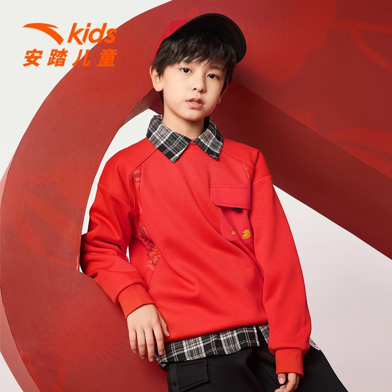 【新年马年】安踏儿童加绒卫衣男童2026年新款红色保暖裤子拜年服