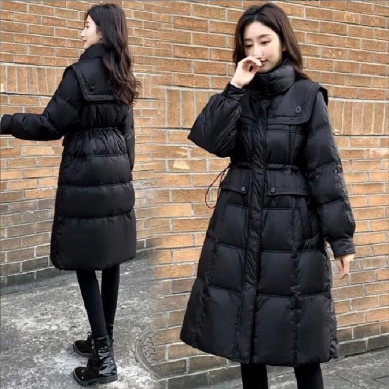 海军领棉衣女2025新款羽绒棉服女中长款韩版修身收腰黑色加厚外套