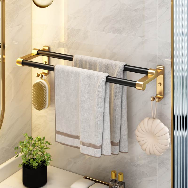 厂家黑金毛巾架浴室免打孔轻奢卫生间厕所双杆毛巾杆卫浴五金向之