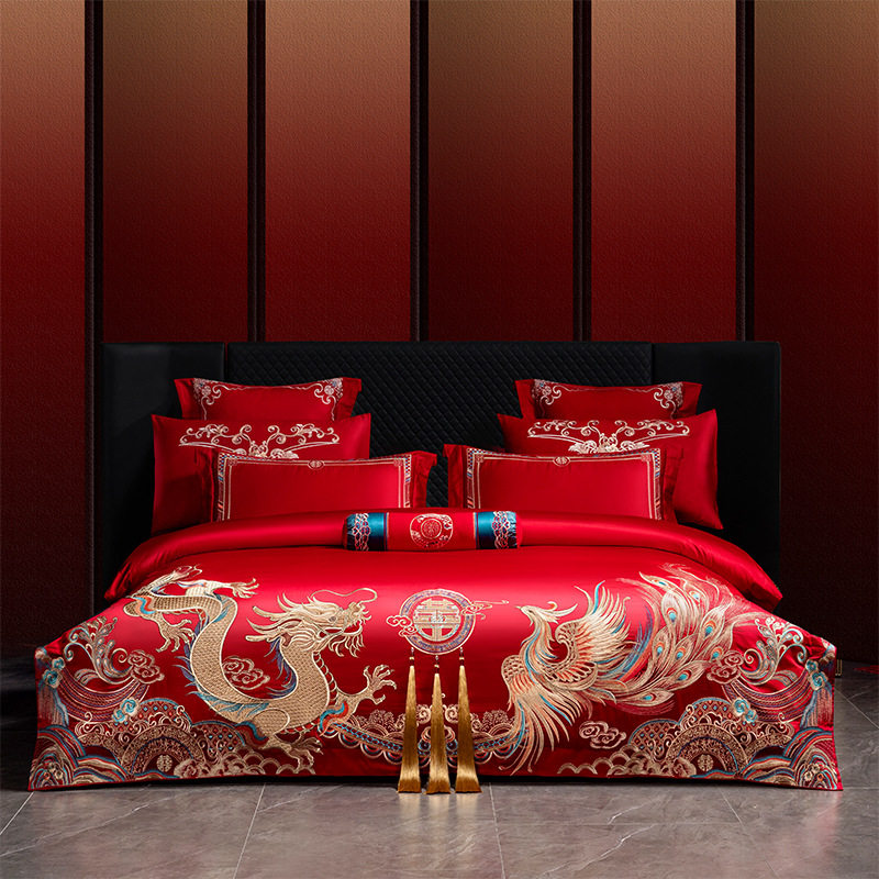 大红中式婚庆刺绣四件套纯棉床单被套结婚床上用品全棉南通家纺