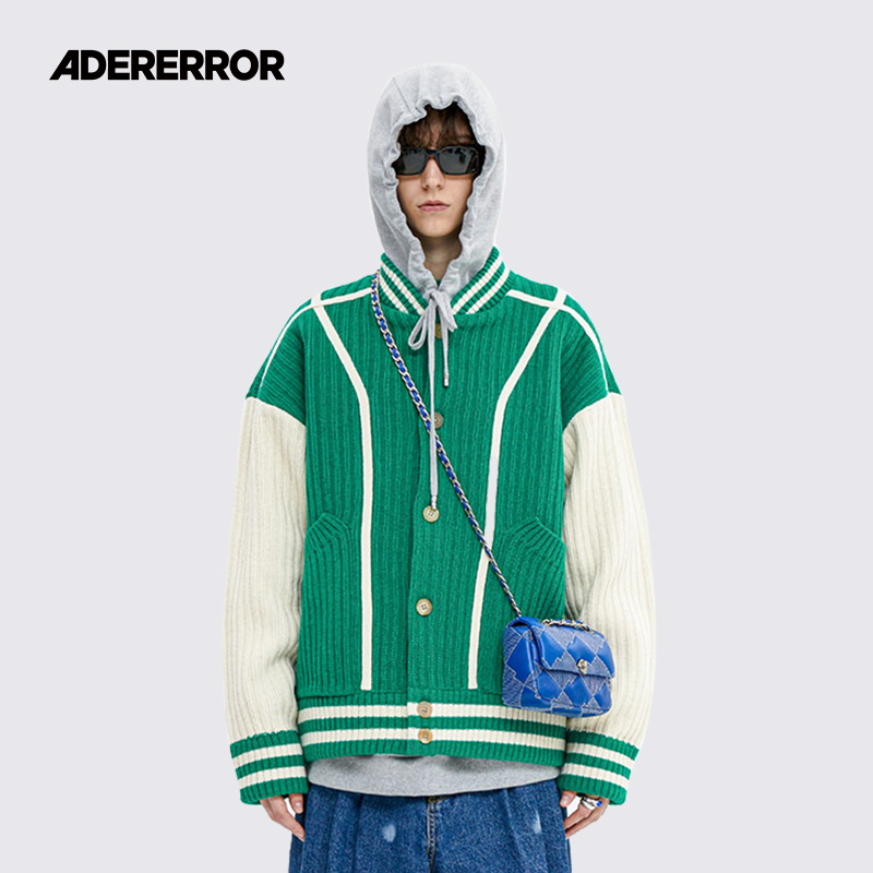 ader羊毛针织条纹刺绣外套