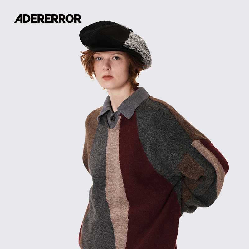 ADER羊毛拼色V领色块毛衣