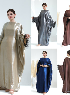 迪拜春夏聚会派对毛毛袖连衣裙长袍women dress musli robee long