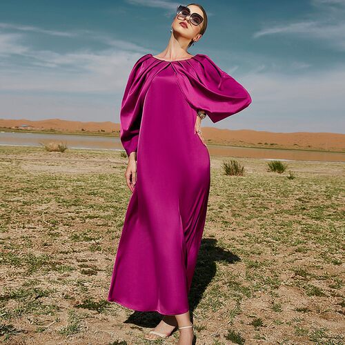 玫红色百褶袖七分袖气质长裙聚会连衣裙大码穆斯礼服Muslim Dress