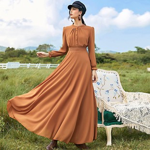 大摆雪纺长裙收腰长袖长袍复古大码显瘦连衣裙Muslim Women dress