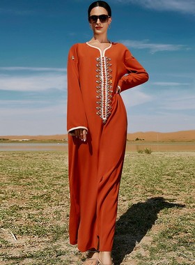 缝钻长裙拜旅游女士阿拉伯连衣裙Abayak Dubai Muslim Islam Clot