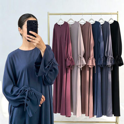 Arab Women Robe Caftan 马来民族风袖口系带长袍及脚踝连衣裙女