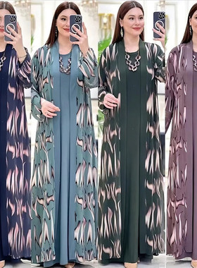 阿拉伯马来迪拜长袍开衫两件套装女Arab Women Robe Open Kimono