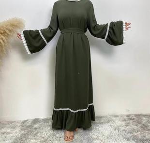 中东迪拜拼接白花边前拉链系带连衣裙Ethnic style lace up dress